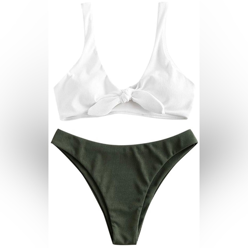 ZAFUL Women's Tie Knot Front Plunge Scoop Neck Bikini Set Two Piece Swimsuit